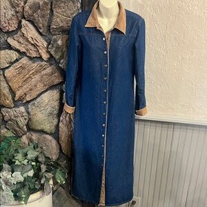 Denim Button-Up Long Dress with Tan Collar